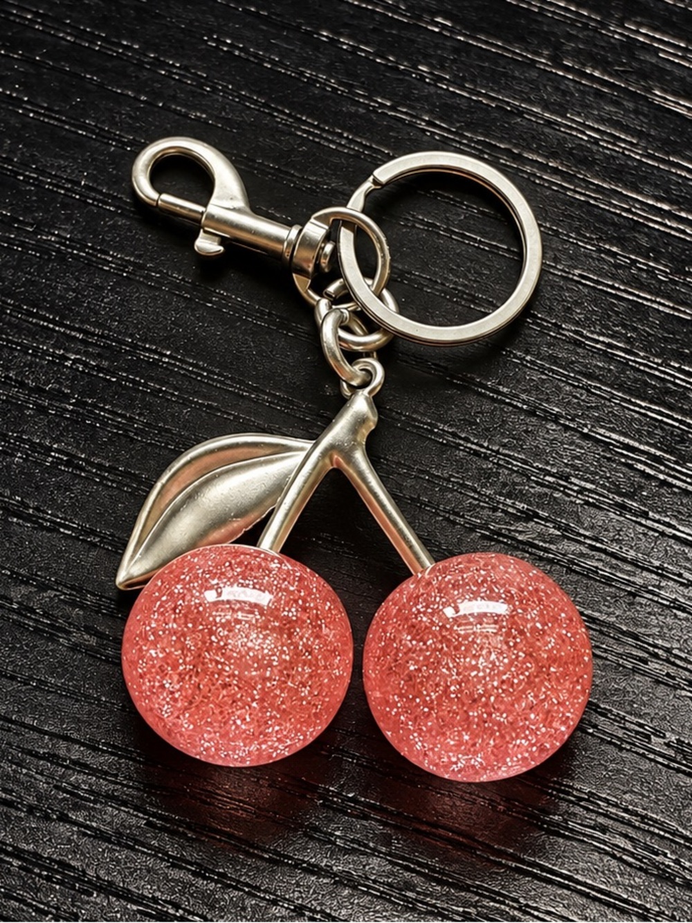 Large Pink Glitter Cherry Bag Charm – Silver Tone Hardware